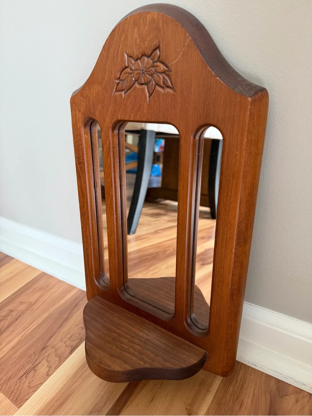 Vintage Hand-Carved Wooden Wall Mirror with Built-In Display Shelf
